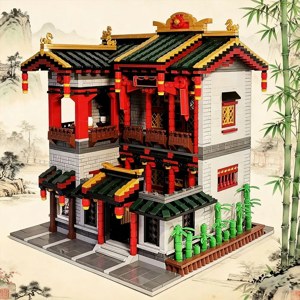 

Креативные 3320 шт. YIHONGYUAN, модель дома, набор строительных блоков, вид на улицу, архитектурные шедеври для украшения подарков