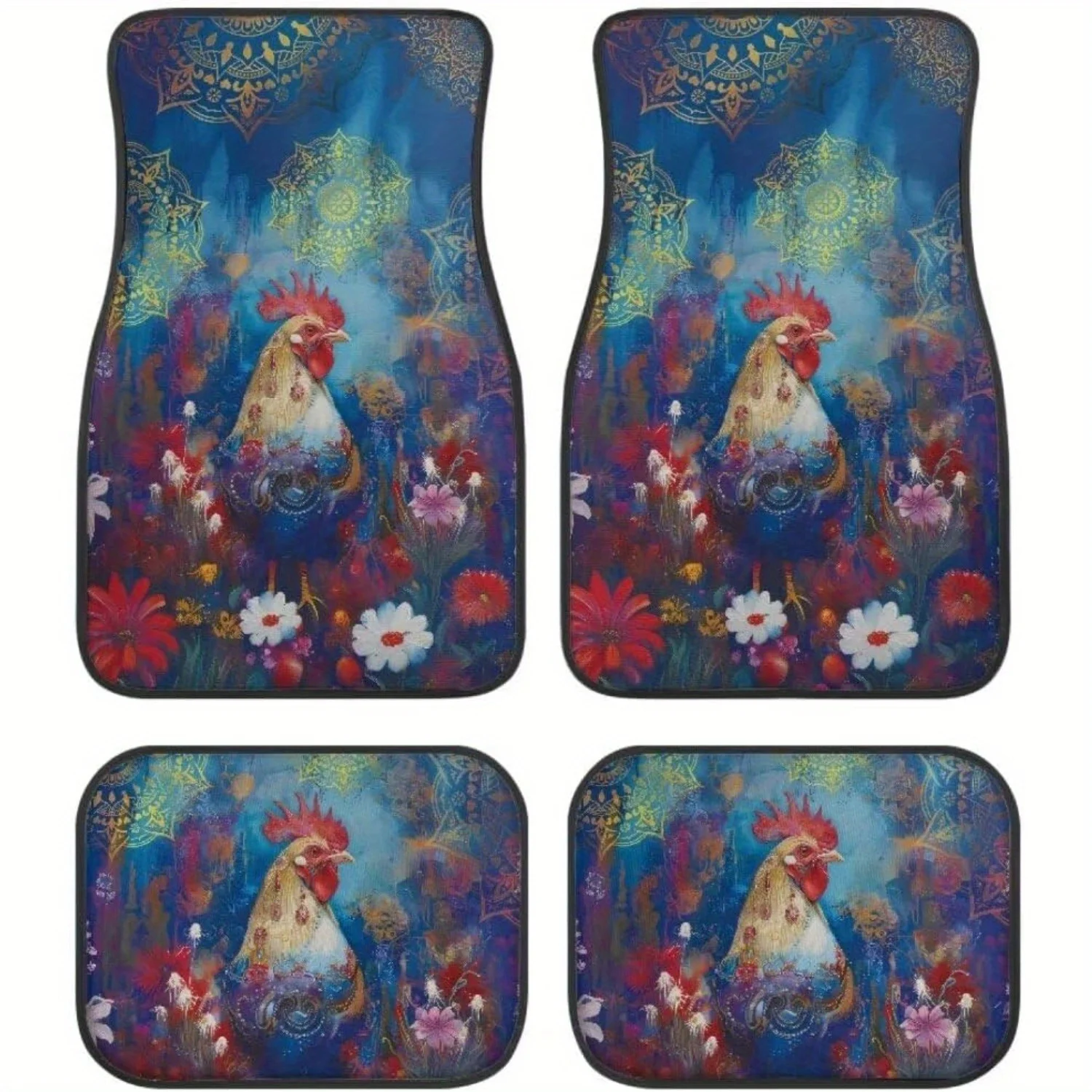 4pcs Chicken Flowers Print Car Floor Mats Full Set Universal Fit Automotive Car Protector Mat For Most Sedan, SUV, Truck Floor M