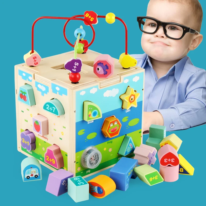 

Early Childhood Children's Wooden Clock Multi-function Round Bead Toy Treasure Chest Four-sided Intelligence Game Beaded Box