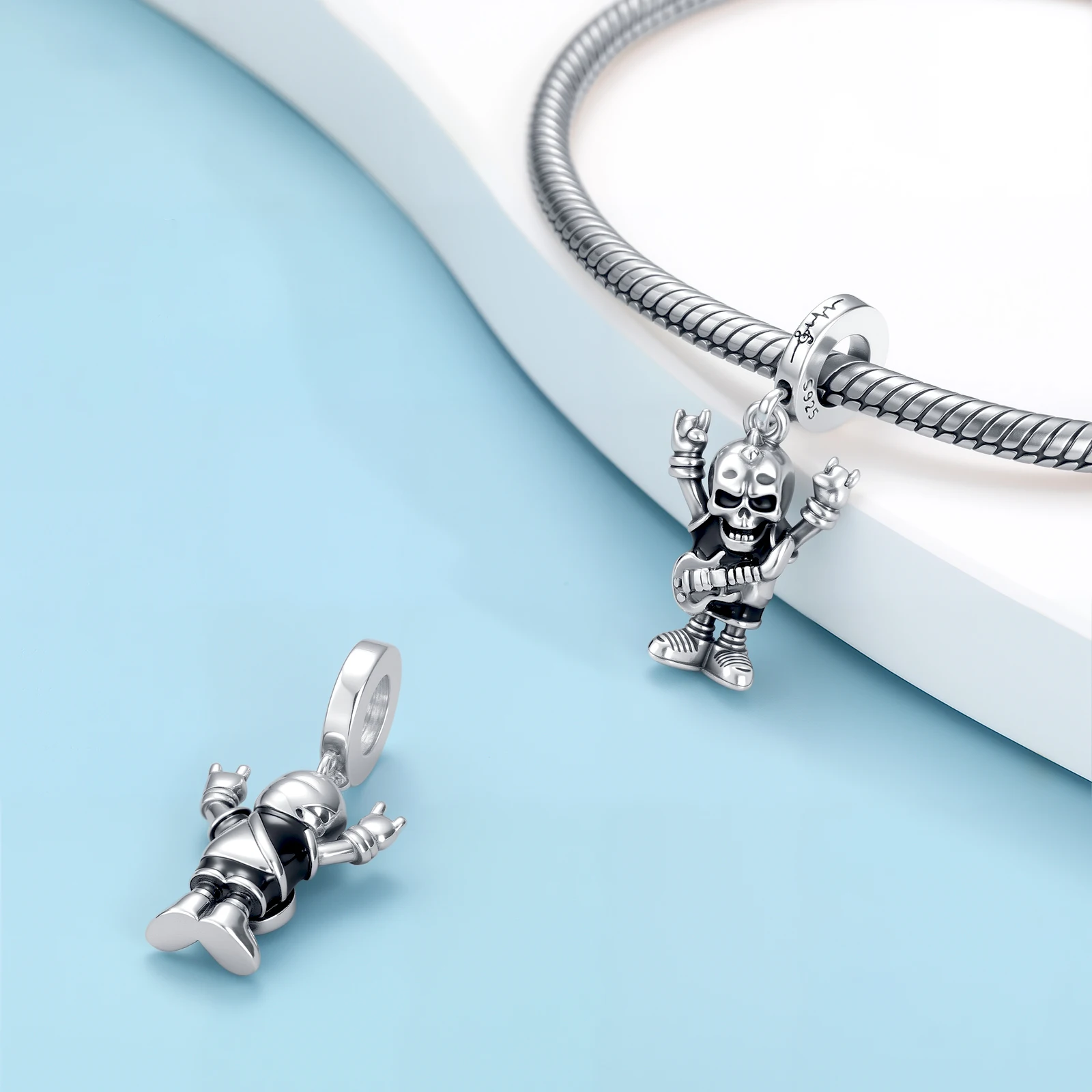 925 Sterling Silver Punk Gothic Skeleton & Guitar Charms Rock & Roll Skull Black Cat Beads fit Bracelets DIY Jewelry Gift
