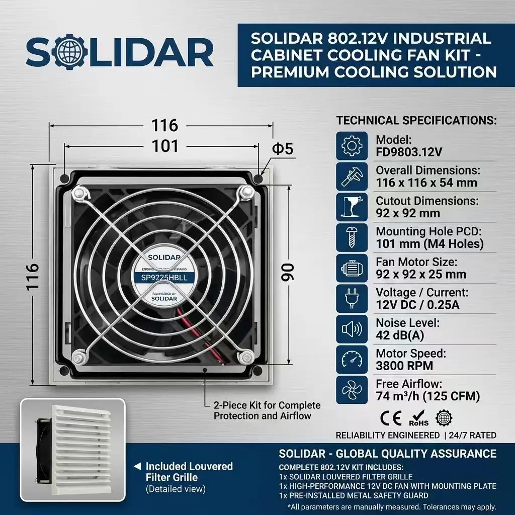 FD9802.12V 116x116mm Cabinet Cooling Fan Kit 12V DC 0.25A 3800RPM 92mm Ventilation Filter Grille with Metal Guard