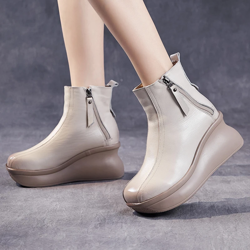 GKTINOO Genuine Leather Women Boots Retro Shoes 2024 New Autumn Winter Round Toe Double Zipper Handmade Concise Platform Boots