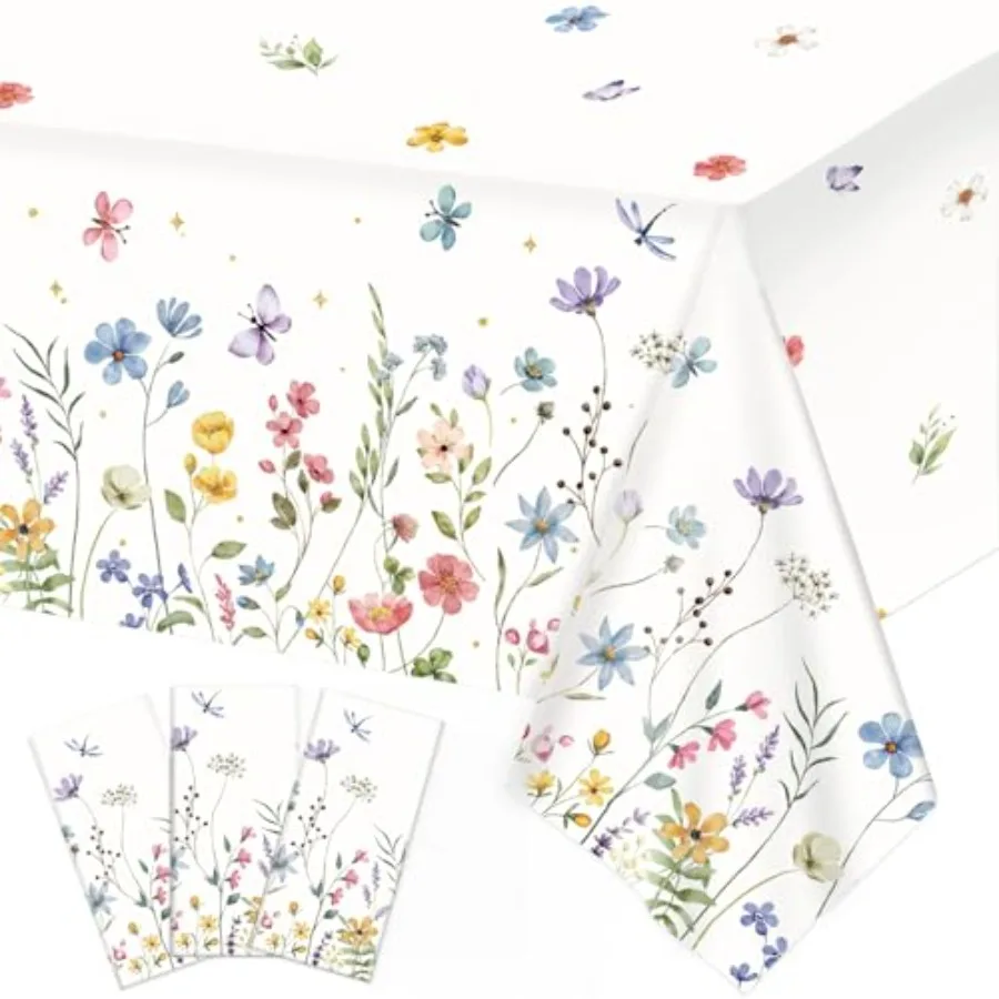

3 Pack Spring Tablecloth, Wildflower Butterfly Plastic Table Cover for Easter, Birthday, Wedding, Tea, Wildflower Party Decorat