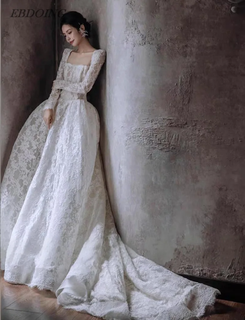 EBDOING  Wedding Dress A-Line Lace Square Neckline Full Sleeves Basque Customized Bride Gowns