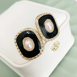 Black Enamel Oval Stud Earrings for Women Bohemian Trendy New Fashion Geometry Statement Small Earrings brincos 2024 new in