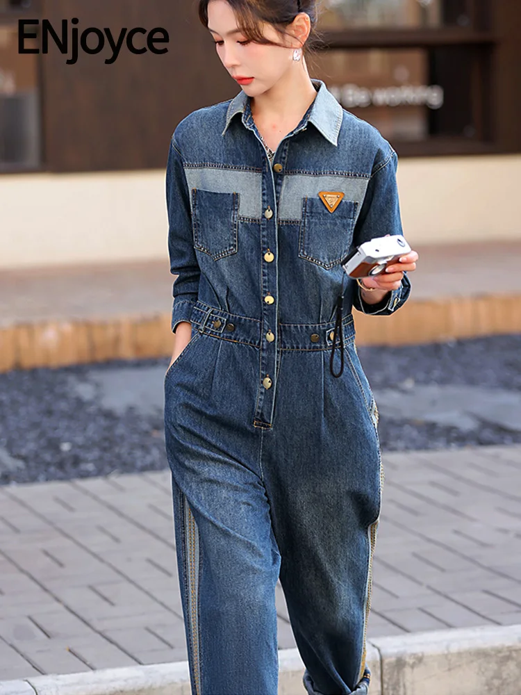 

ENjoyce Vintage Patchwork Blue Denim Jumpsuits Dames Korean Fashion Loose Playsuit Bodysuits Women's Overalls 2024 Spring