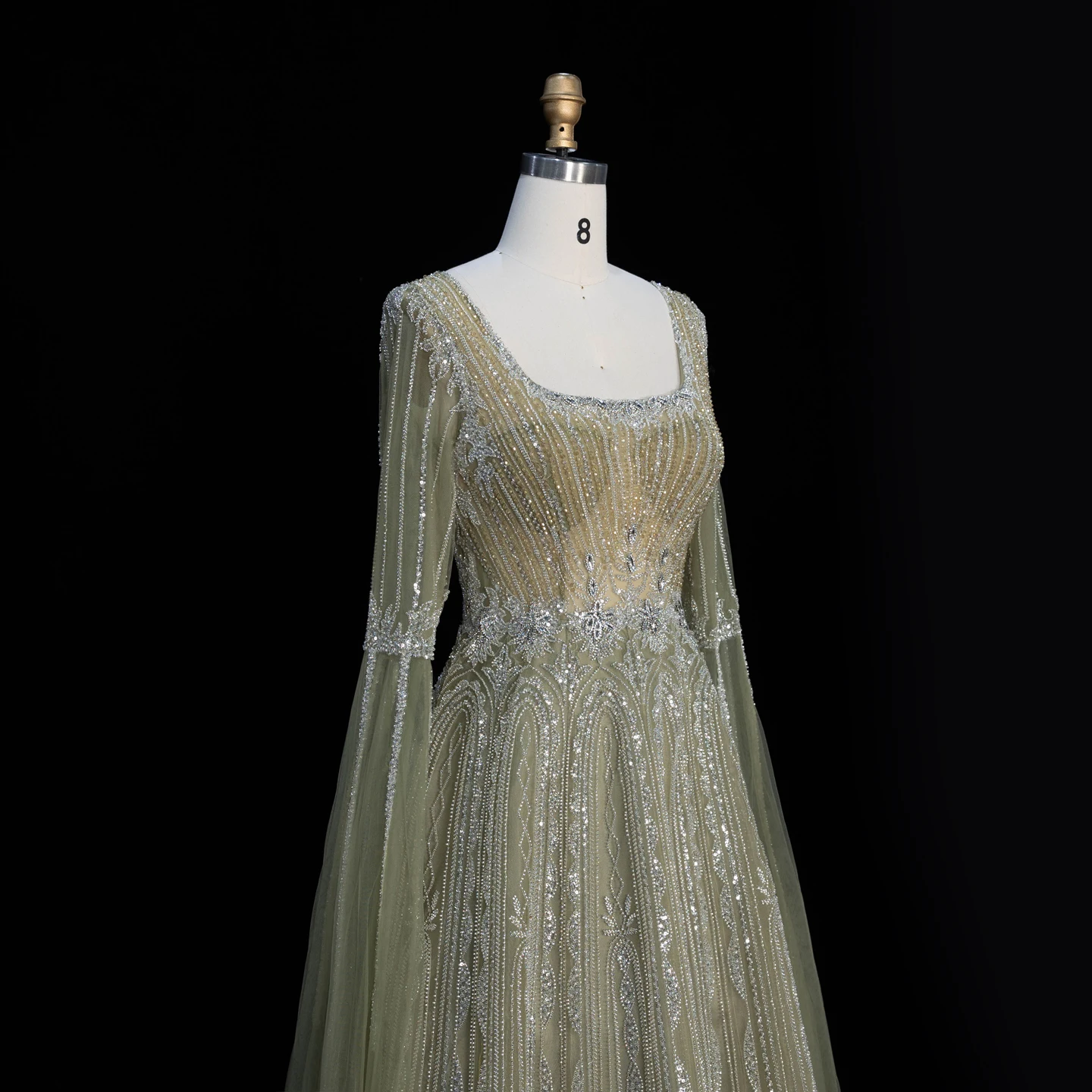 Sharon Said Luxuriöses Braunes Abendkleid mit Quadratischem Ausschnitt, Langen Glockenärmeln, Schwer Perlenbestickt, Dubai Formelle Partykleider SS065 Maßanfertigung – Detail 21