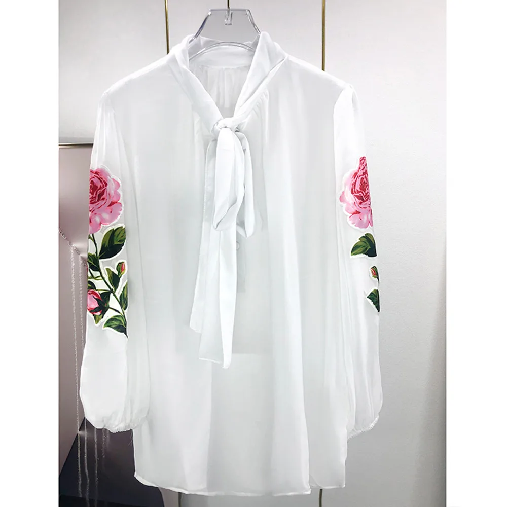 

2022 Spring Summer France Style Women's Puff Sleeves Bowtie Floral Print White Shirts F118