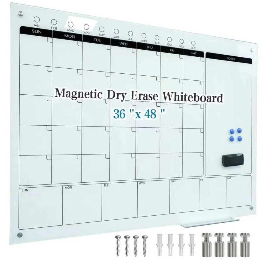 

Glass Whiteboard Calendar 48x36 Glass Dry Erase Calender Board 36x48 Monthly Plan White GlassBoard Wall Mounted for Office Schoo