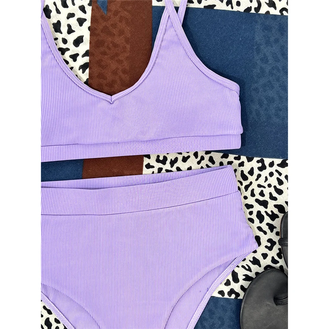 Neuer, gerippter, gepolsterter Bikini mit hoher Taille in 4 Farben, Damen-Badeanzug, zweiteiliges Bikini-Set, Badebekleidung, Badeanzug, Modell V3768. – Detail 19
