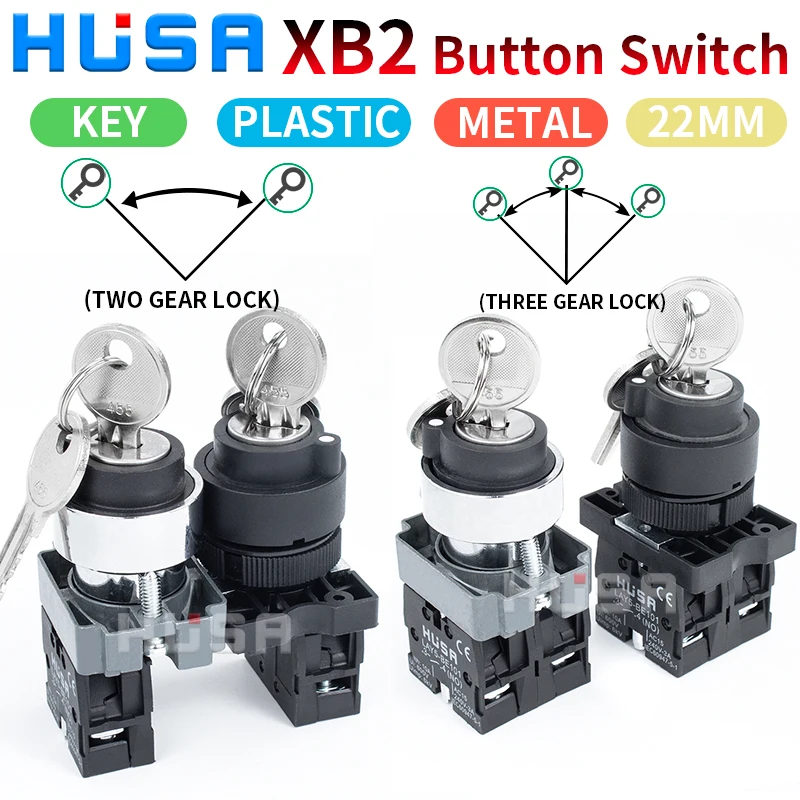 

XB2 Key Button switch self reset 22mm start 1 2NO NC NO/NC Momentary Push Button Switch Metal Plastic head Two Three gear lock