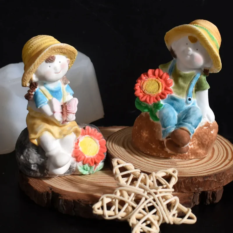 

Sunflower Girl Boy Silicone Molds DIY Home Garden Decor Pastoral Style Plaster Concrete Mould Ornament Resin Soap Candle Mold