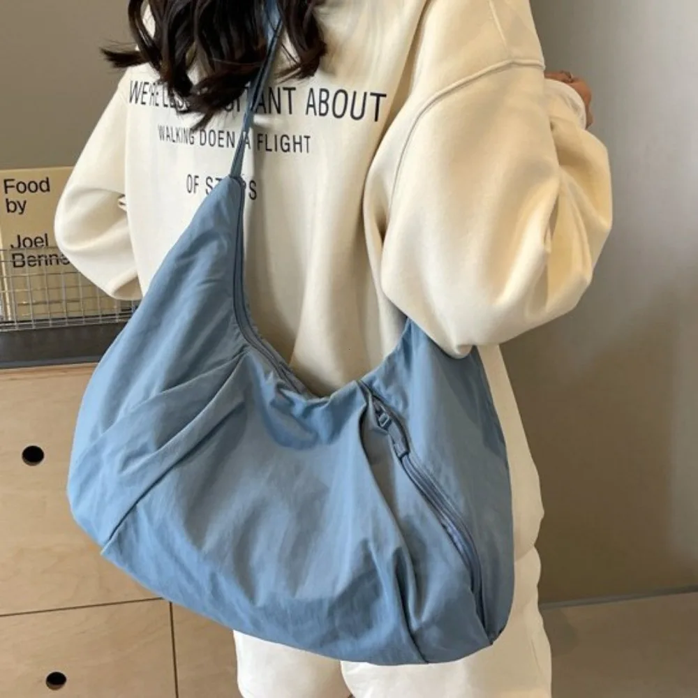 حقيبة كتف نايلون على الطراز الكوري حقيبة حمل ذات سعة كبيرة حقيبة زلابية غير رسمية بلون سادة قابلة للطي من قماش أكسفورد للفتيات #3