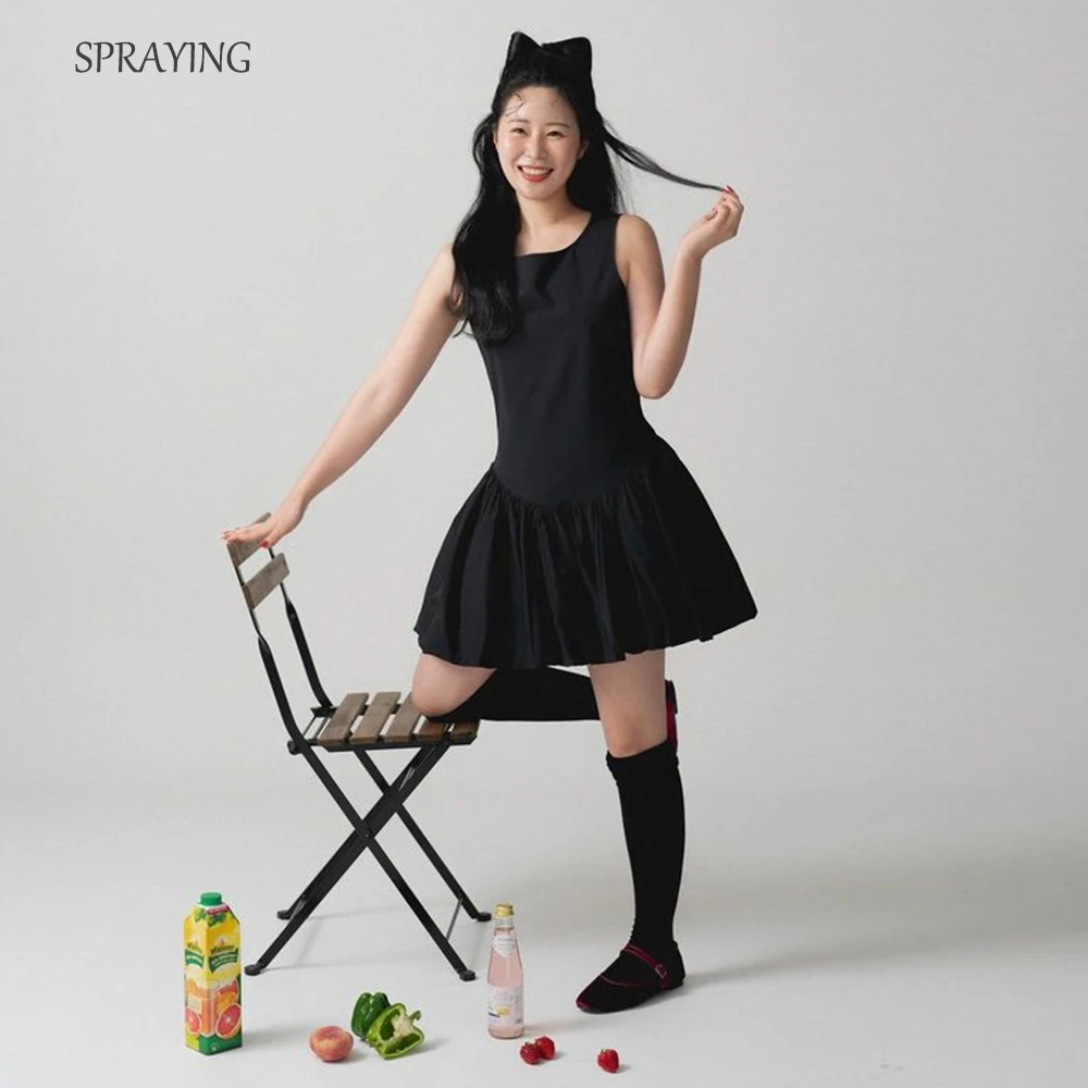 

SPRAYING Korea Wedding Dresses Photo Shooting A-line Scoop Collar Mini Bridal Gown Above Knee Black Simple 웨딩드레스 Custom Made