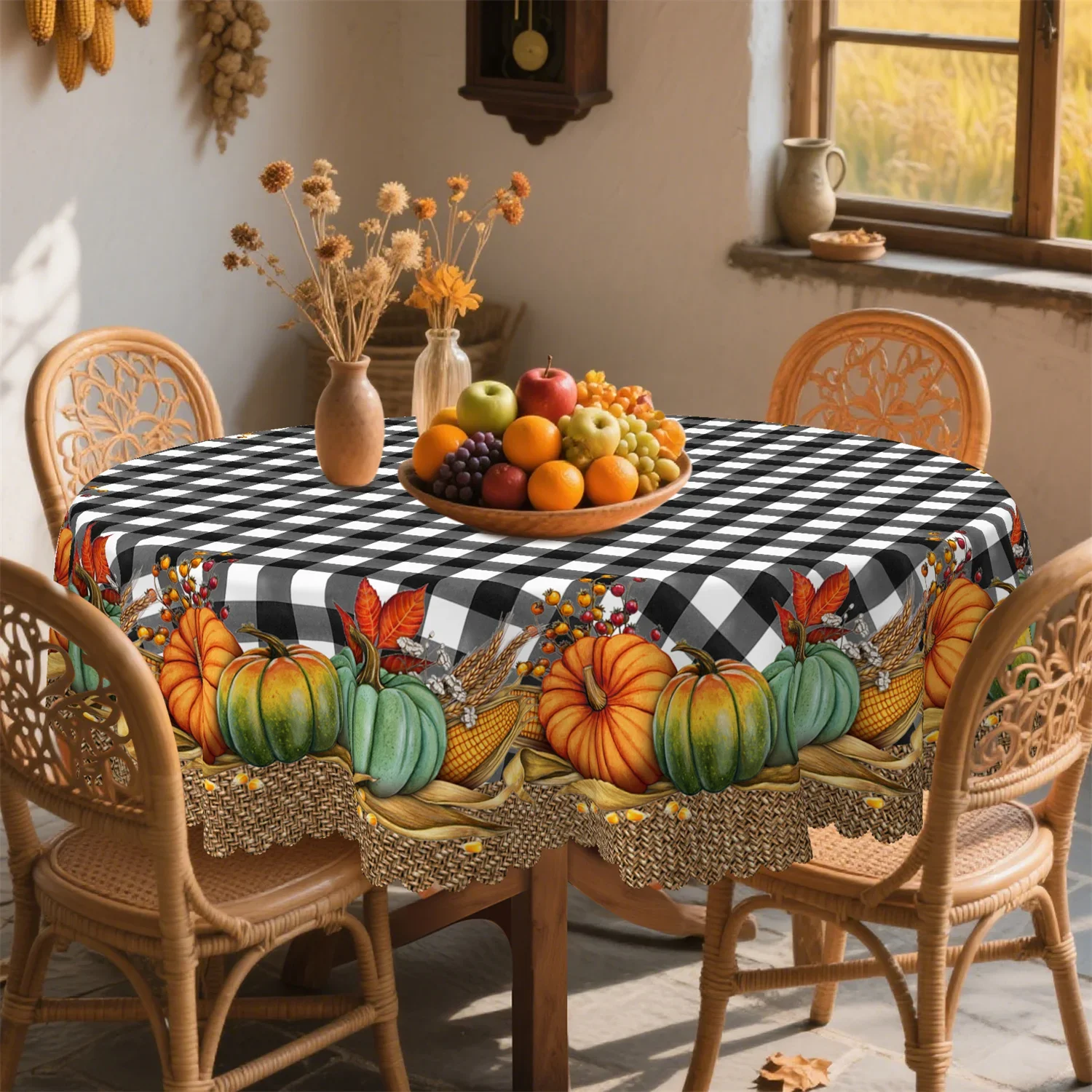 Water buffalo check pattern pumpkin corn and wheat grain tablecloth - Washable farmhouse autumn harvest decoration yzb