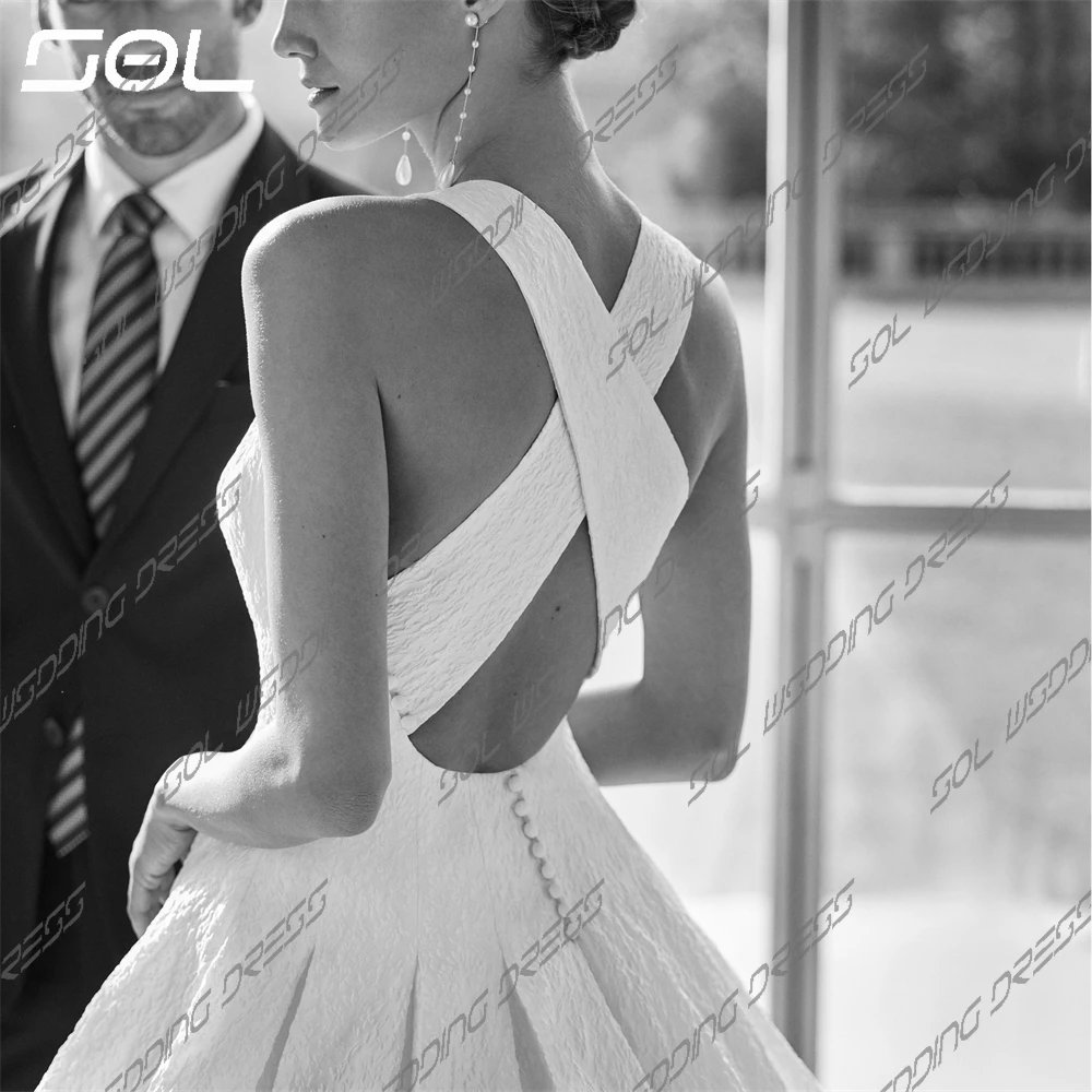 Vestido De Novia sencillo con cuello redondo y tirantes finos, elegante, entrecruzado, Espalda descubierta, línea A