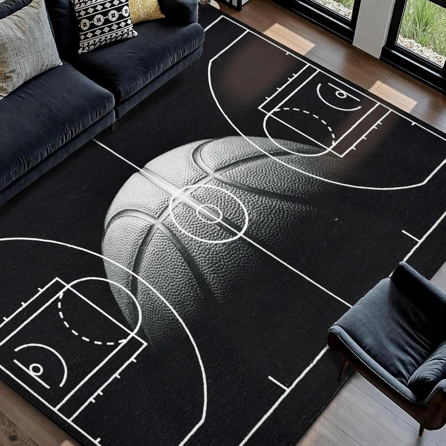 

Basketball Dining Room Rugs for Under Table - 6x9 Washable Sports Area Rug for Living Room, Low Pile Non-Slip Rugs for Bedroom