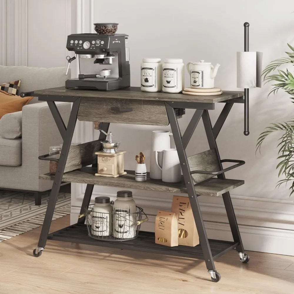 

Coffee Bar Station, Kitchen Island Cart with Storage, Coffee Cart with Drawer, Paper Towel Holder and Lockable Wheels,