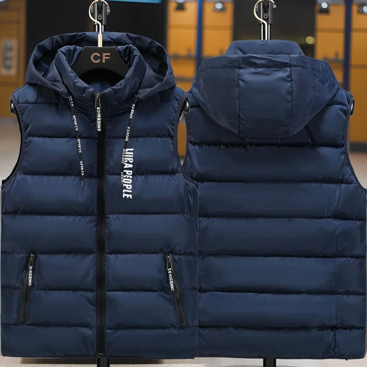 Red down Cotton Vest for Men with Hood Sleeveless Youthful Style Warmth for Autumn And Winter Season Zipper Closure Casual Wear