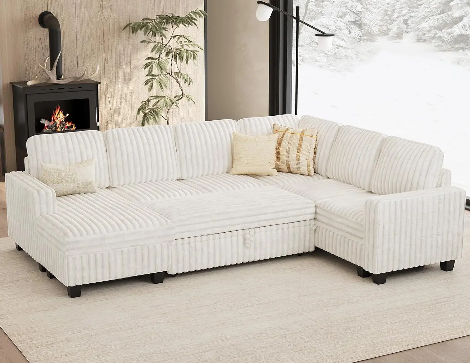 Corduroy Sleeper Sofa Bed with Storage Chaise & Pull Out Bed L Shaped Sectional for Living Room Beige, Customized