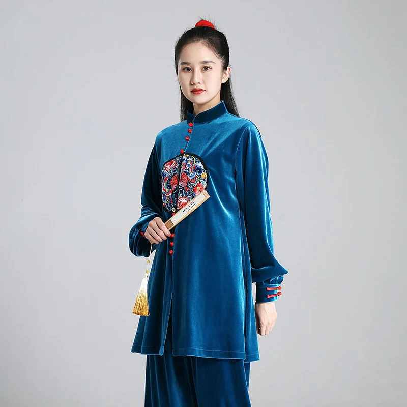 Kun Master Thicken Velvet Taichi Uniform Elegant Winter Martial Arts Suit Embroidery Kung Fu Clothes Taiji for Women