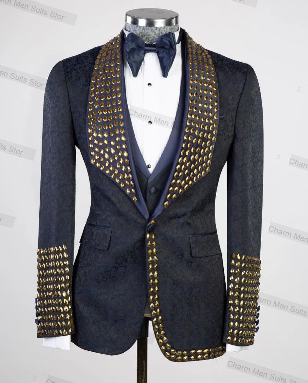 Setelan pakaian pria Jacquard 2 potong, Blazer + celana buatan kustom, jaket emas kristal Formal kantor bisnis pengantin pria, mantel tuksedo pernikahan