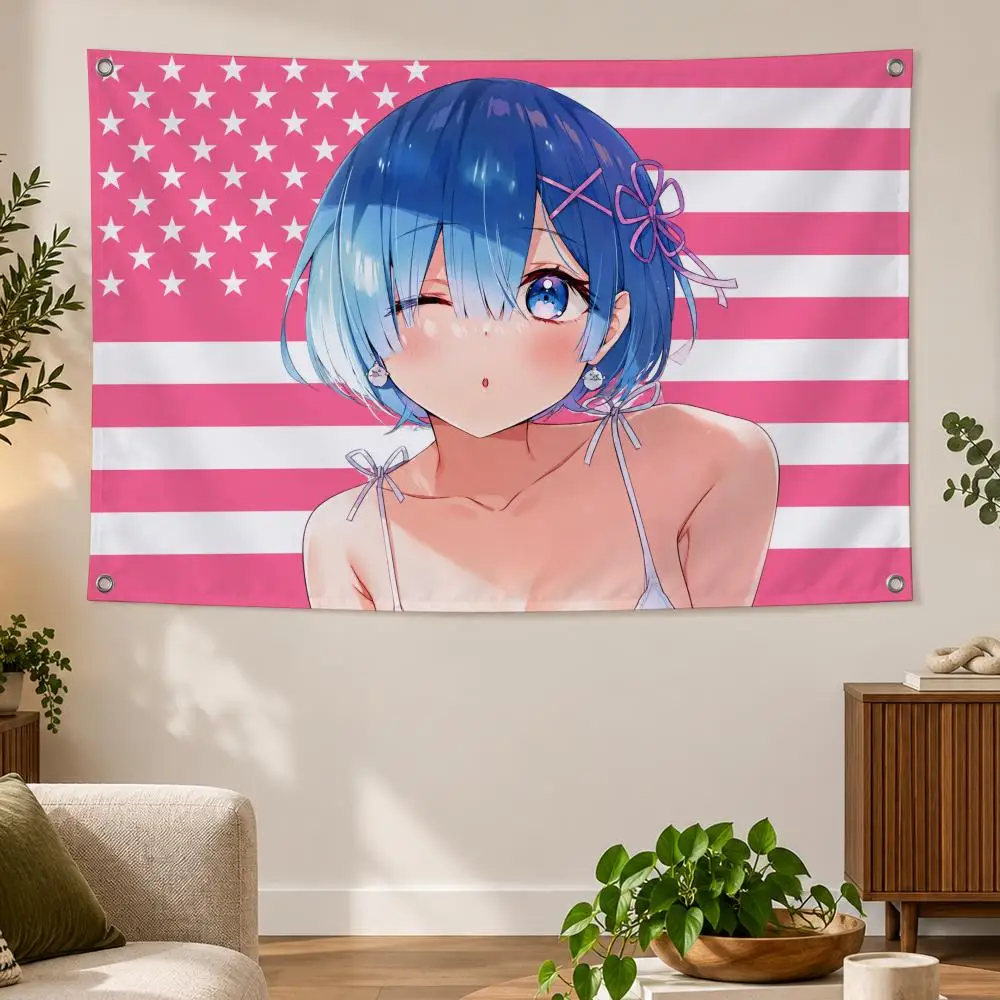 Anime Re:Zero Fantasy Loyal Romance Creative R-Rem Flags Banner Decor for Bedroom,Garden,Party,Club,Gaming Room,Indoor Outdoor