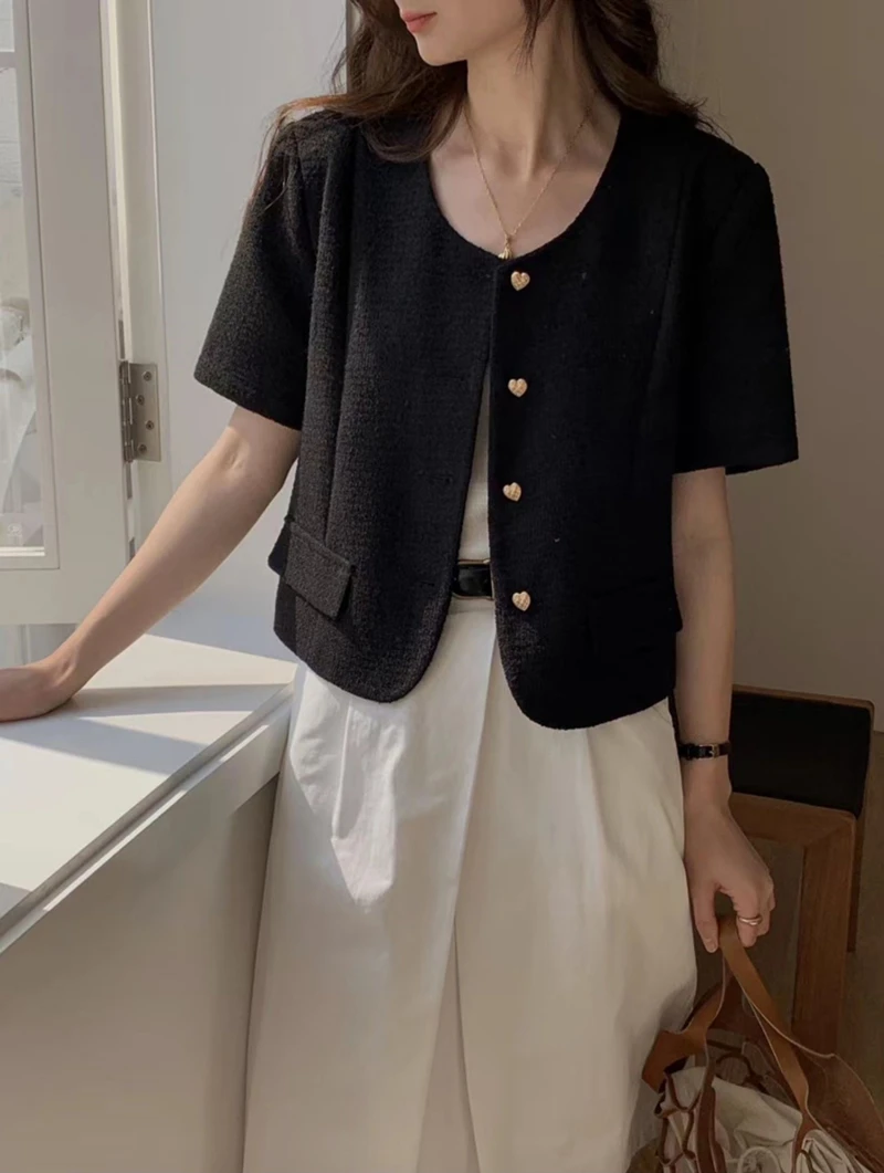 Korean Short-sleeved Blazer Women 2023 Summer Luxury Tweed Jacket Pink Love Button Cropped Top Casual Fashion Short Black Coat