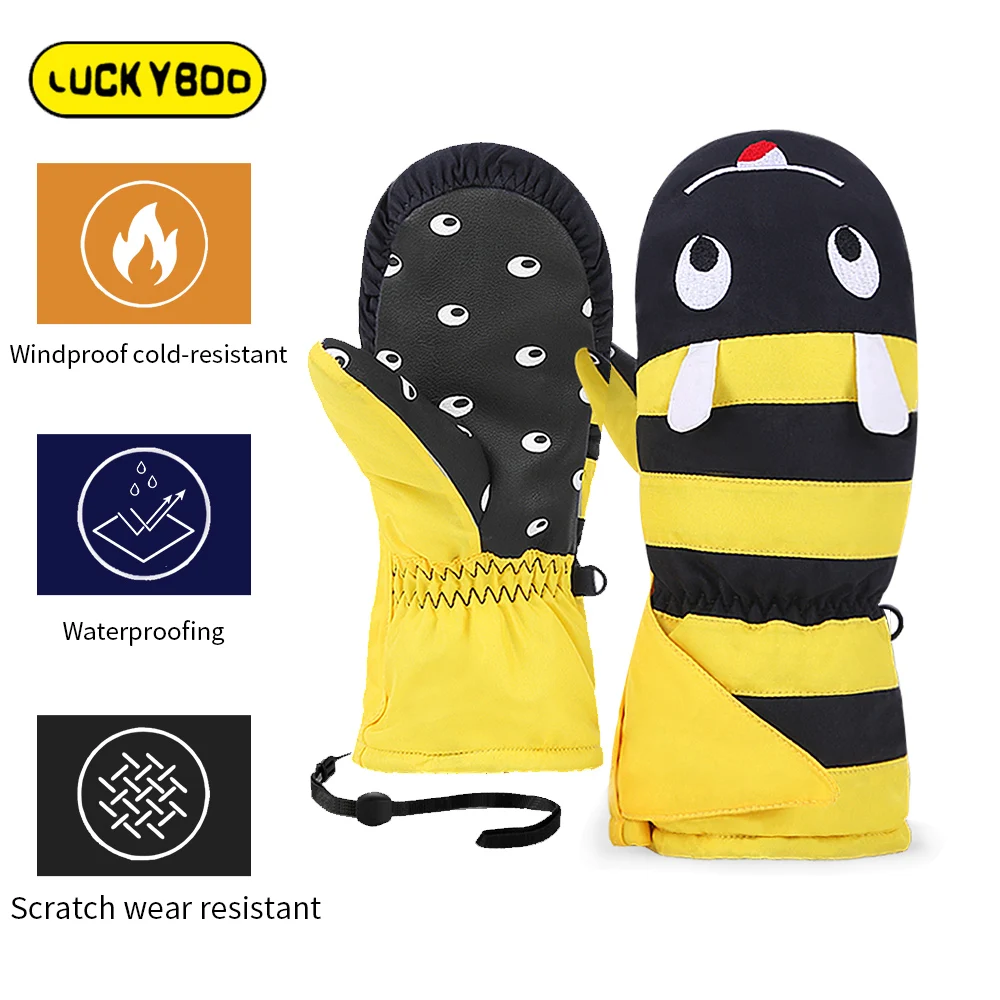 LUCKYBOO L1 Guantes de esquí para niños Manoplas 10K revestimiento impermeable tela de doble capa resistente al desgaste palma material PU