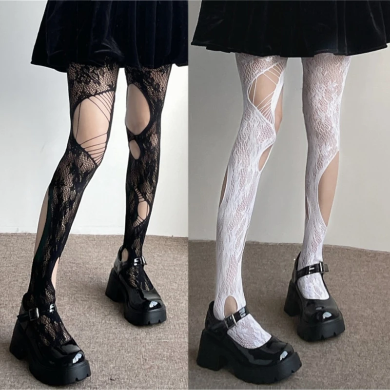 Rose Flower Pattern Fishnet Pantyhose Leggings Women Sexy Ripped Hole Tights