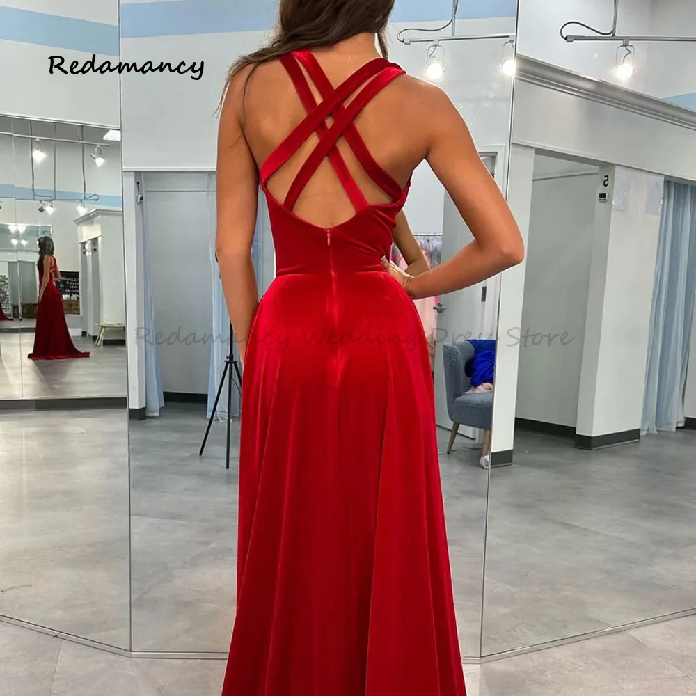 Redamancy Red V-Neck Side Split A-LINE Prom Dresses 2024 Beading Backless Slim Sweep Train vestidos de novia Wedding Party Dress