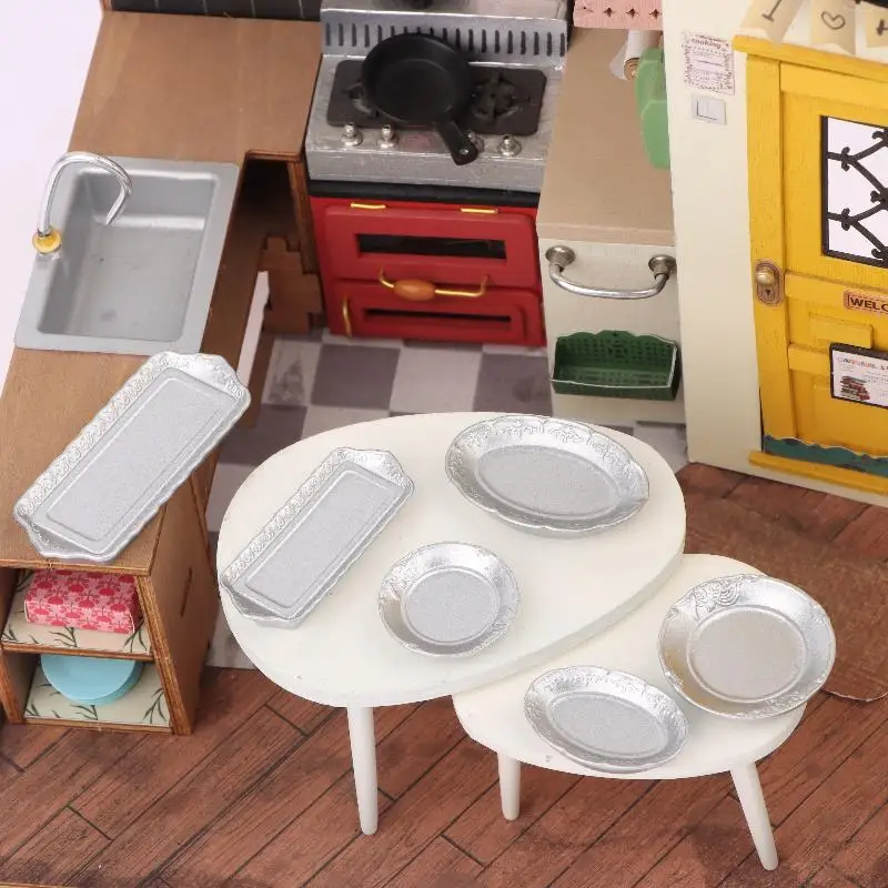 Plato de cena plateado para casa de muñecas, modelo de bandeja de comida, vajilla de cocina, decoración, accesorios para casa de muñecas, 6 uds., 1/12
