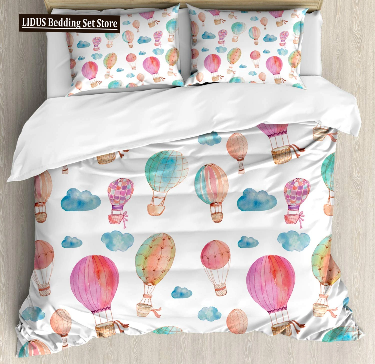 Watercolor Duvet Cover Hand Painted Style Floating Hot Air Balloons Clouds Print Decorative Bedding Set Blue Pink Coral Children