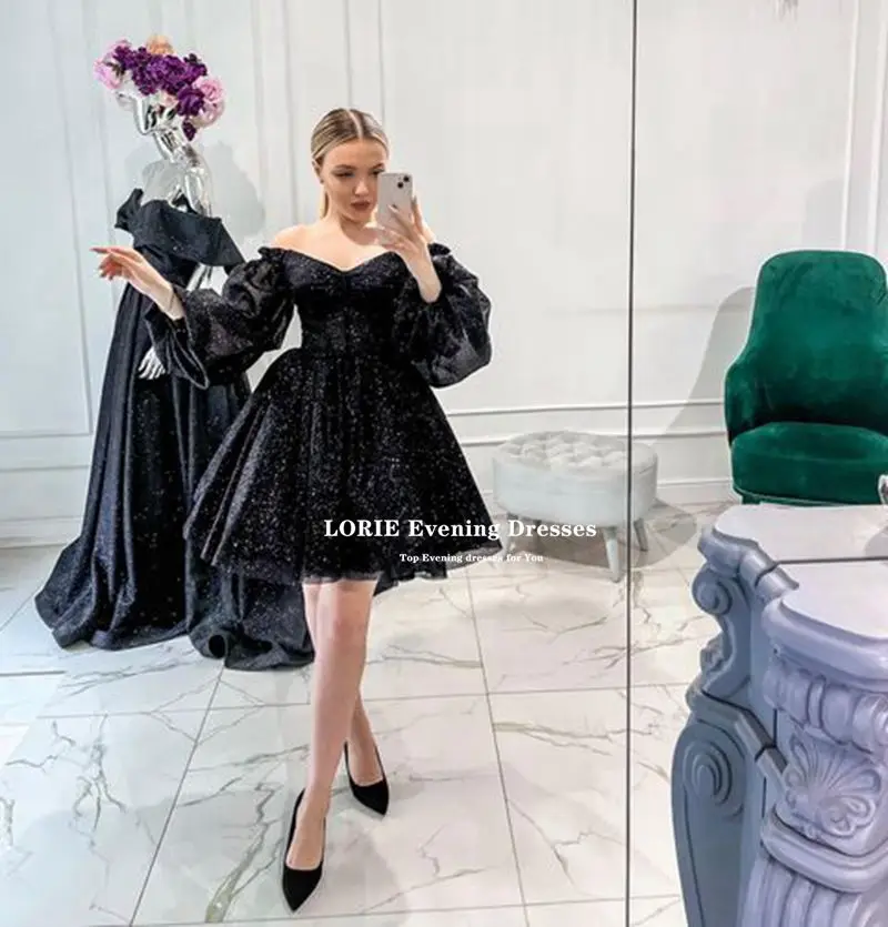 LORIE Black Short Evening Dresses 2022 Formal Gliiter Tulle Prom Party Gowns Strapless Puff Sleeves A-line Beach Princess Dress