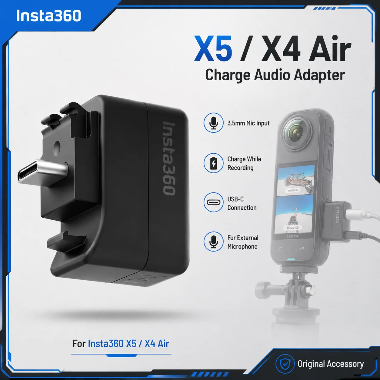Charging & Audio Adapter, USB-C 3.5mm Microphone Input Converter for Insta360 X5 X4 Air External Recording