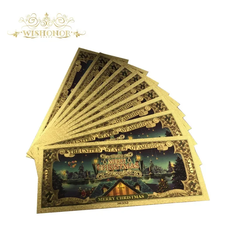 10Pcs New design Merry Christmas Banknote America Banknote 2 Dollar Bills Banknote in 24K Gold Plated Paper Money For Gifts