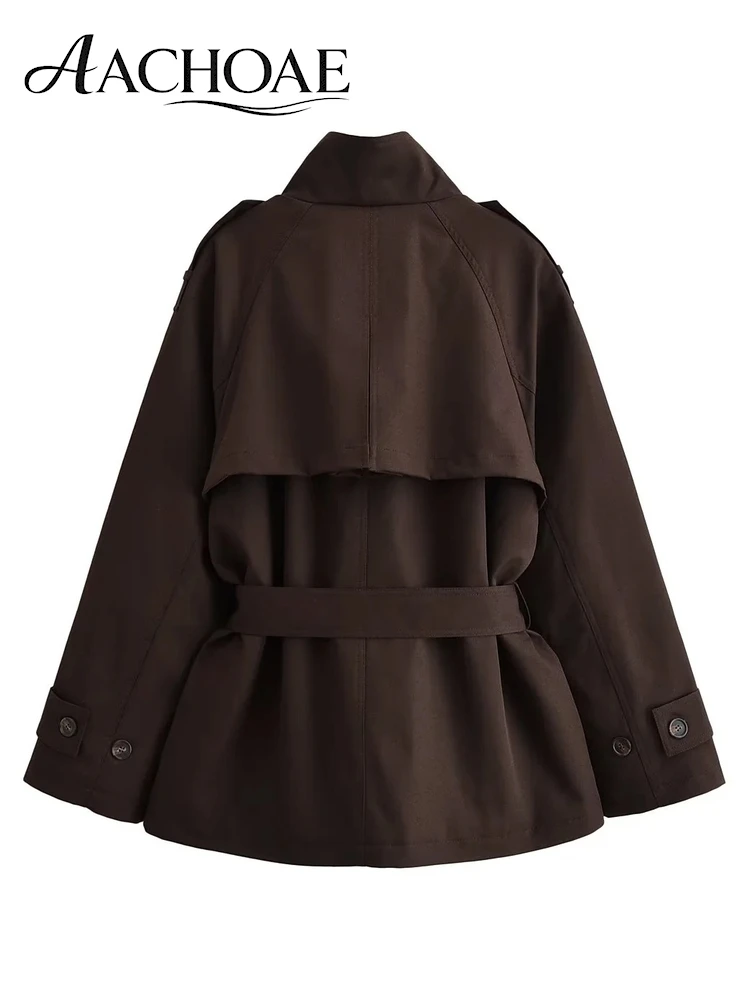AACHOAE Women Padded Trench Jacket Stand Collar Belted Waist Long Sleeve Short Coat Loose Autumn Winter Warm Casual Outerwear