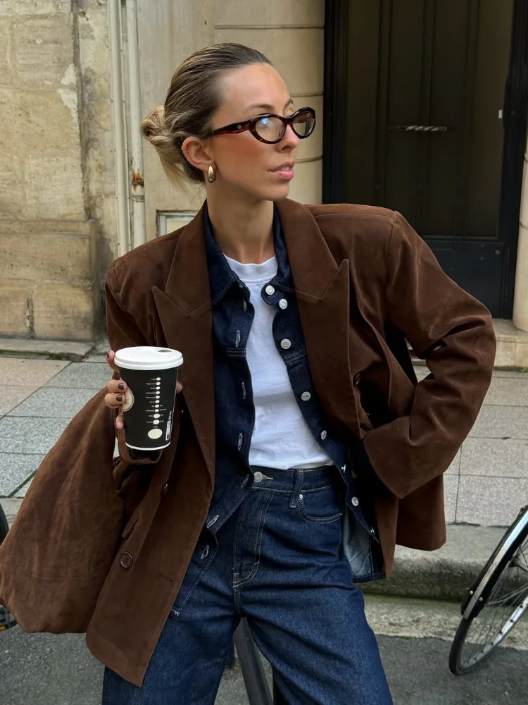 

2025 New Women's Suede Surface Jacket Brown Lapel Full Sleeves Single-breasted Coat Daily Commuting High Street Casual Outerwear