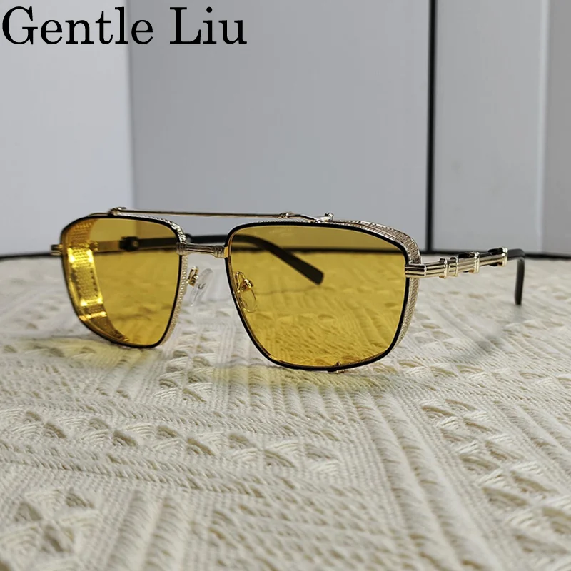 

Oversized Square Night Vision Yellow Sunglasses Men Big Frame 2025 Luxury Brand Punk Sun Glasses Vintage Metal Frame Eyewear