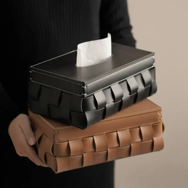 Modern Luxury Leather Tissue Box Woven Solid Color Napkin Holder for Living Room Desktop Decor High End Paper Dispenser Solid