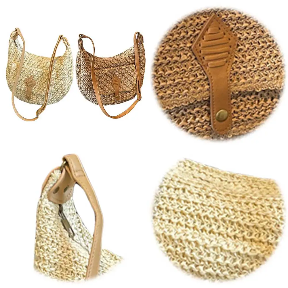 Bolso de hombro tejido de paja para mujer, correa de hombro ajustable, monedero de playa de verano, bolso Hobo con cremallera para vacaciones, viajes, compras