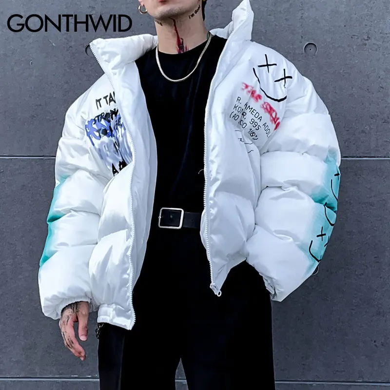 GONTHWID-Parkas acolchadas de algodón con estampado de Graffiti, ropa de calle informal de Hip Hop, calientes chaquetas abrigos gruesos, moda