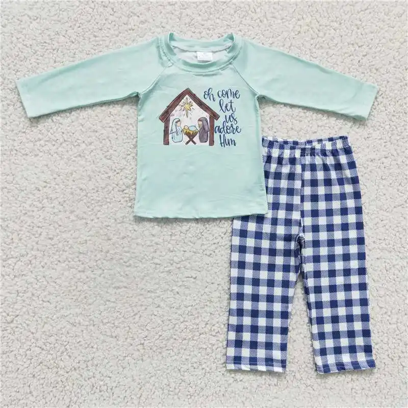 Popular Wholesale Boutique Fashion Christmas Nativity Baby Boys Girls Light Green Long-sleeved Top And Plaid Trousers Suit