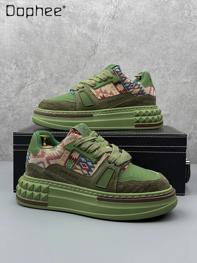 

Spring and Autumn New Trend Thick-Soled Height-Increasing Green Red Sneakers Men's Versatile High-End Embroidered White Shoes