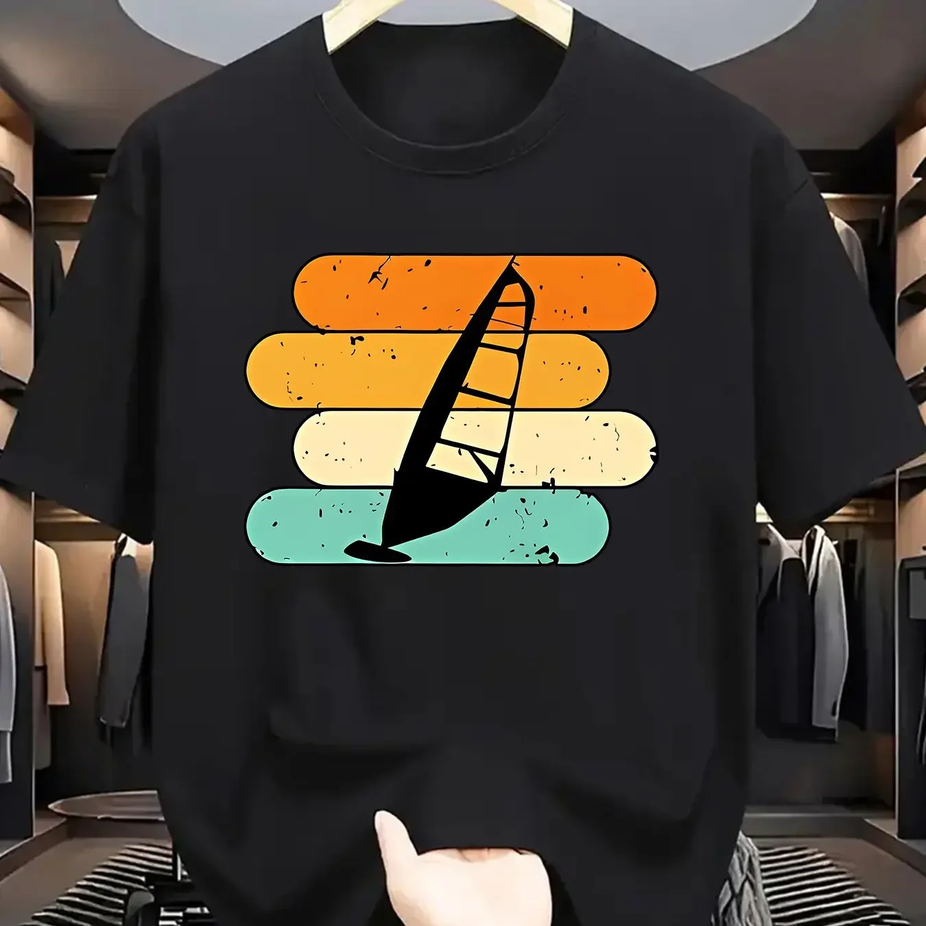 Men's Summer Fashion Graphic Tee Casual Crew Neck Short Sleeve T-Shirt with Vibrant Blue Sailboat Print Men Clothing Comfortable