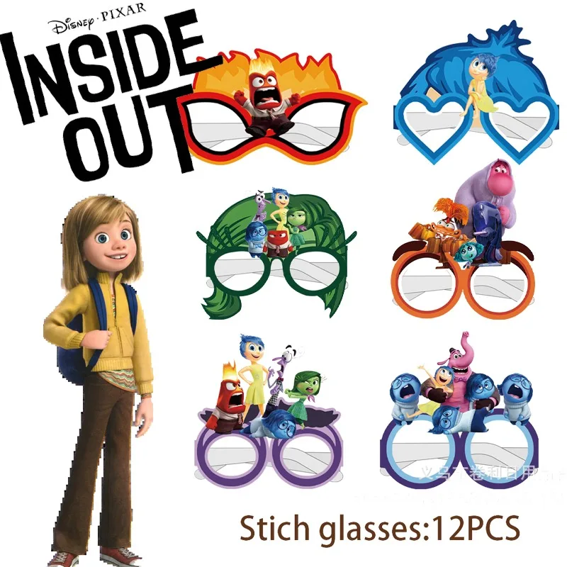 

12pcs Disney Inside Out 2 Children Birthday Party Theme Glasses Decoration Cartoon Figures Paper Glasses Photo Prop Party Supply