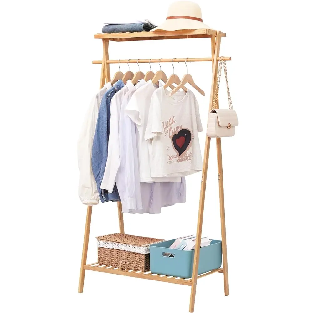 

Bamboo Clothing Garment Ra With 2 Tier Storage Shelf Clohes Hanging Stand Portable Closet Organizer For Bedroom Small Apartment