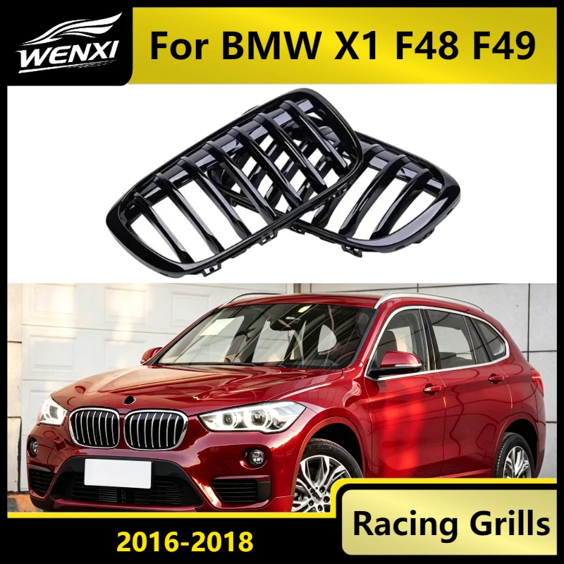 Front Kidney Grille Single Line Gloss Black For BMW X1 F48 F49 2016-2018 Pre-LCI M Sport Shadow Style No Drill Direct Fit