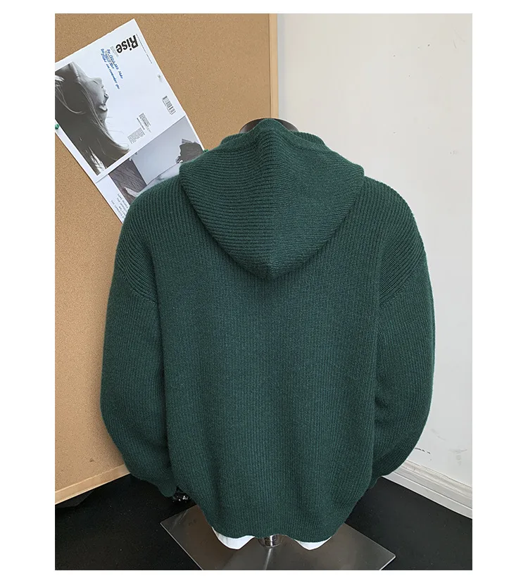 2026 New Autumn Winter Simple Solid Color Knitted Hoodie Men Japan Korean Fashion Casual Loose Double Zipper Hooded Jacket
