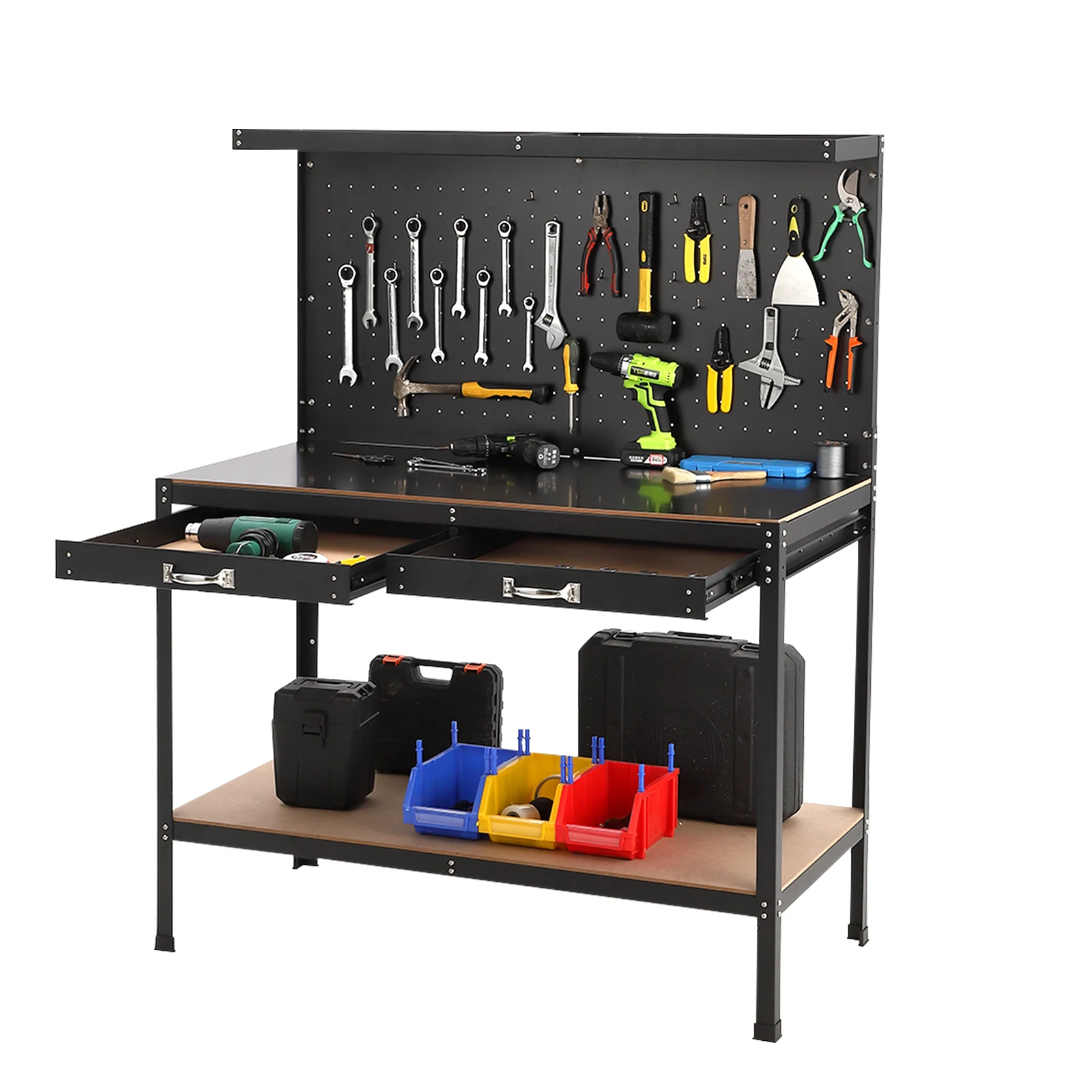 61 Inch Workbench with Pegboard, Workbench Tool Storage Workshop Table with Drawers and Pegboard, 420lbs Weight Capacity